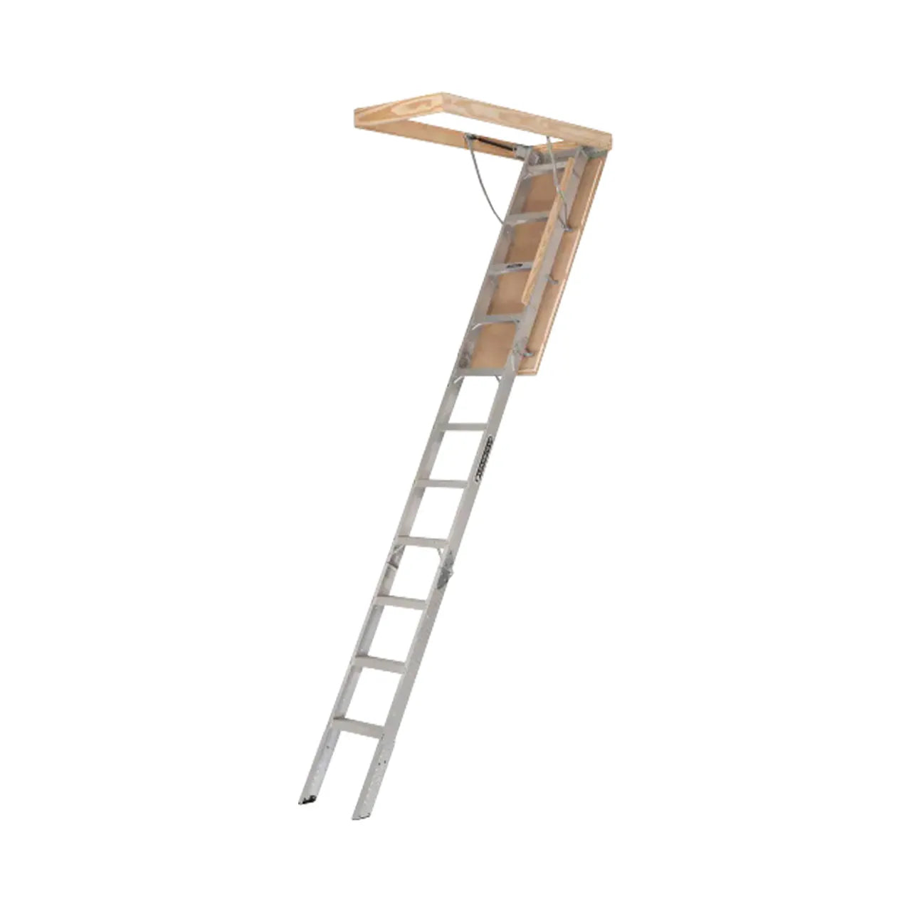 A Go Build 7 ft. to 10 ft. Aluminum Attic Ladder with a 375 lbs. maximum load capacity is extended down from an attic opening with a wooden frame, isolated on a white background. Brand: The Fastest Way To Build.